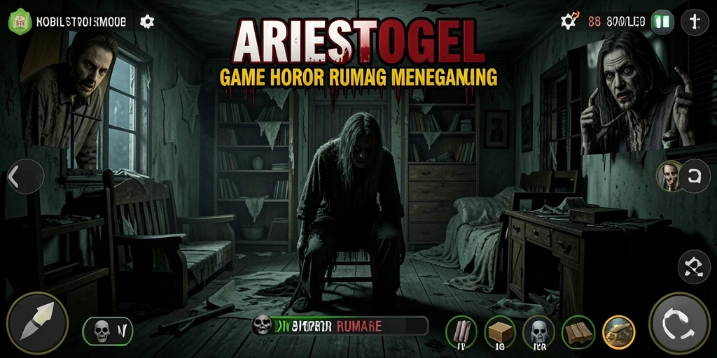 Tampilan antarmuka menegangkan dari game Horor Rumah ARIESTOGEL.