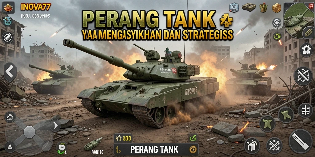 Antarmuka INOVA77 menampilkan peta pertempuran dan pilihan tank yang beragam.